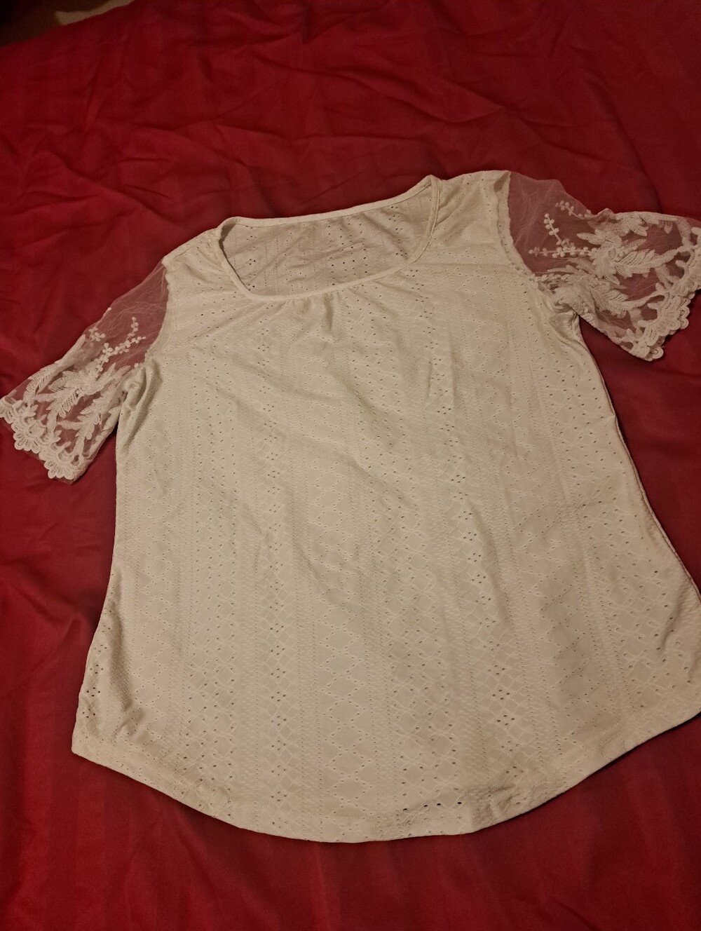 Women's White Eyelet Top with Lace Sleeves
